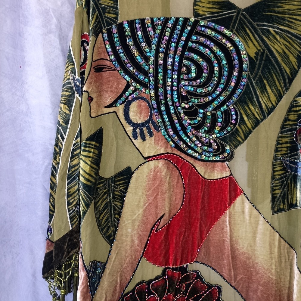 Chico's Vintage Olive Silk Velvet Burnout Tassel Beaded Kimono - Picture 7 of 11